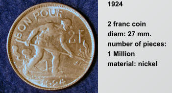 1924  2 franc coin  diam: 27 mm.  number of pieces: 1 Million  material: nickel