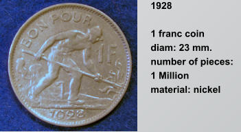 1928  1 franc coin  diam: 23 mm.  number of pieces: 1 Million  material: nickel