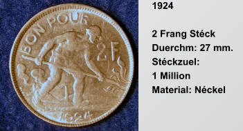 1924  2 Frang Stck Duerchm: 27 mm.  Stckzuel: 1 Million  Material: Nckel