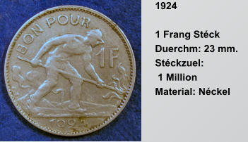 1924  1 Frang Stck Duerchm: 23 mm.  Stckzuel:  1 Million Material: Nckel