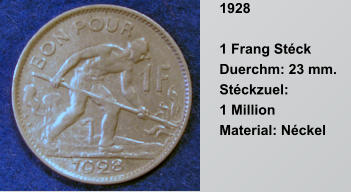 1928  1 Frang Stck  Duerchm: 23 mm.  Stckzuel: 1 Million  Material: Nckel