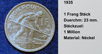 1935  1 Frang Stck  Duerchm: 23 mm.  Stckzuel:  1 Million  Material: Nckel